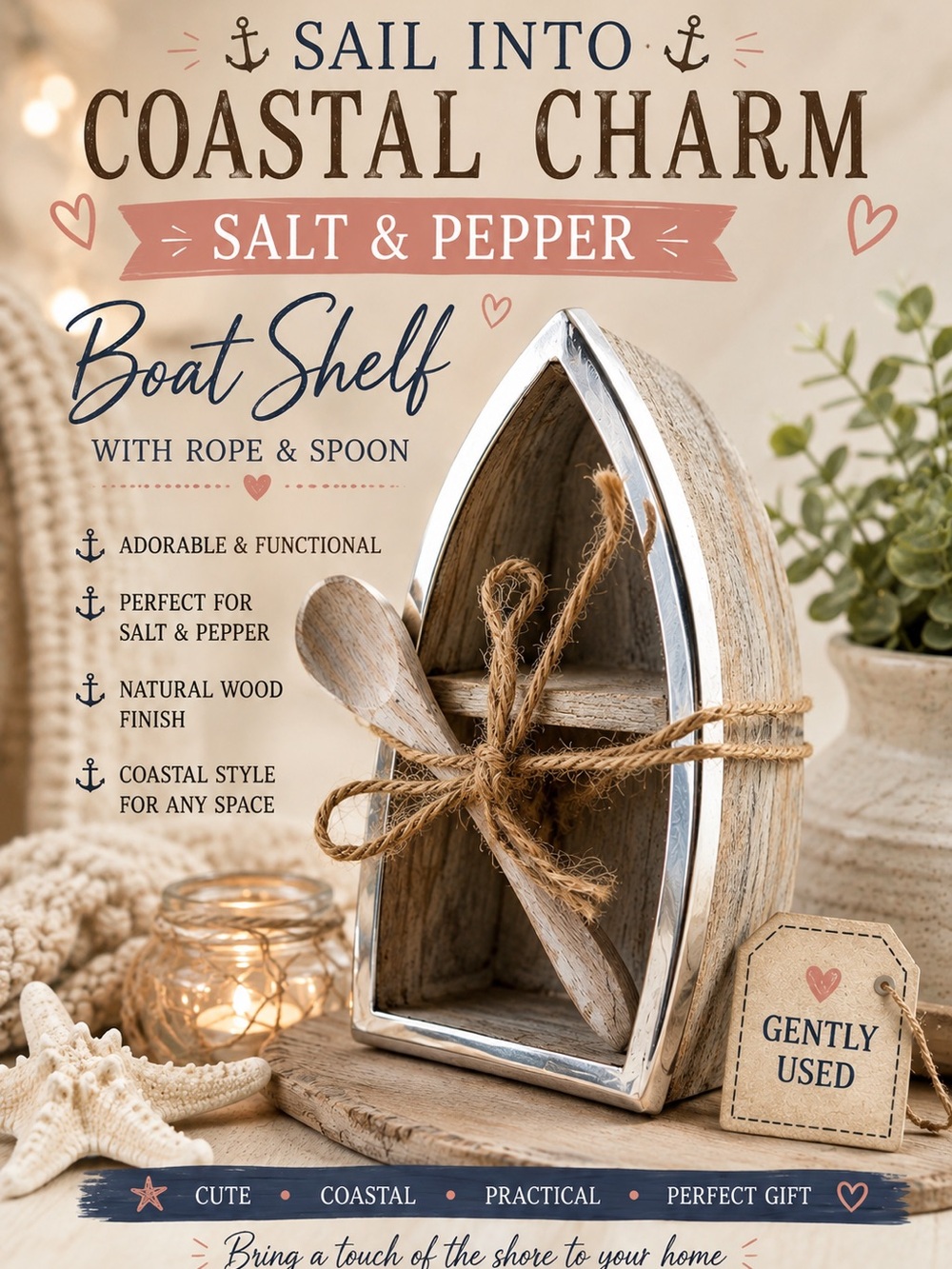 Salt & Pepper Wooden Boat Shelf with Rope and Spoon - Natural Brown